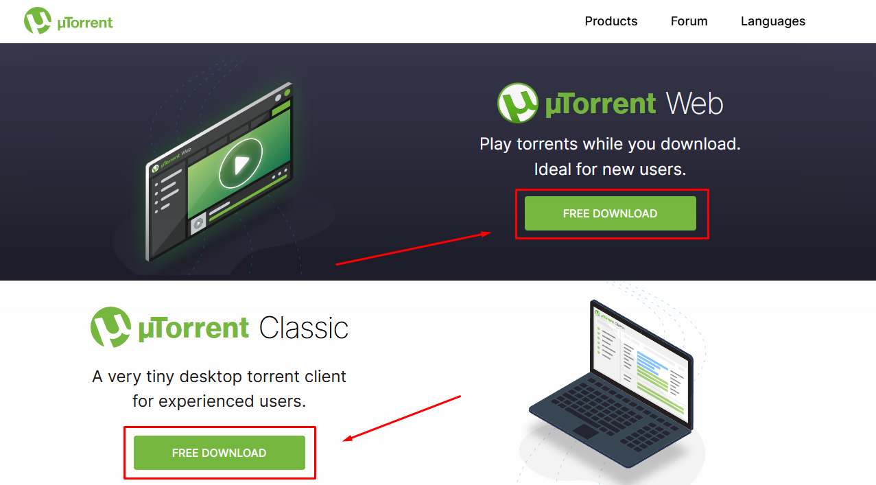Tela inicial do site do uTorrent
