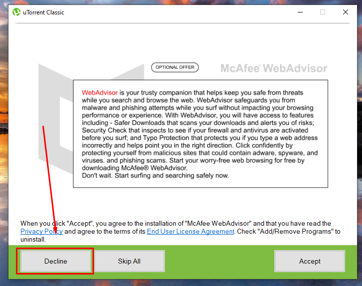 Aviso para não aceitar softwares adicionais